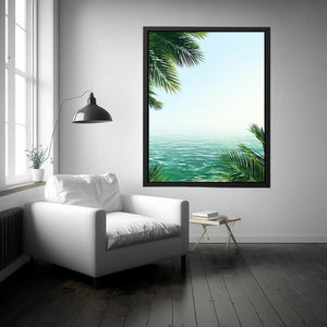 Minimal coastal ocean Canvas Print with palm leaves