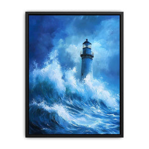 Blue storm lighthouse Canvas Print with crashing ocean waves