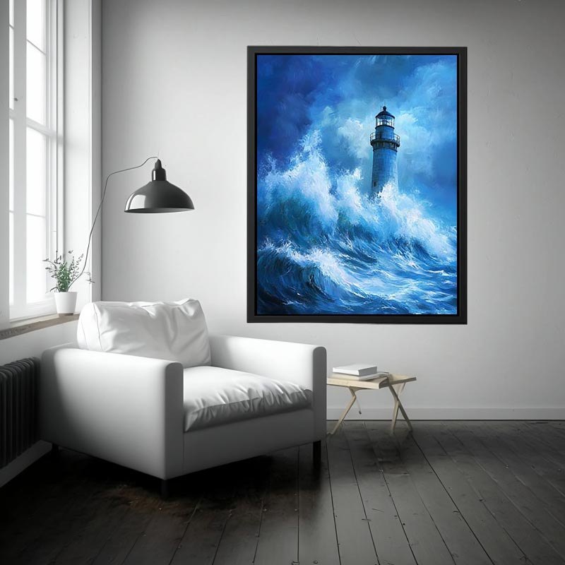 Blue storm lighthouse Canvas Print with crashing ocean waves