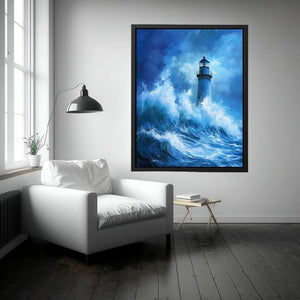 Blue storm lighthouse Canvas Print with crashing ocean waves