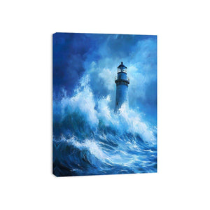 Blue storm lighthouse Canvas Print with crashing ocean waves