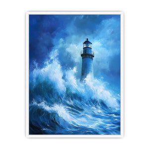 Blue storm lighthouse Canvas Print with crashing ocean waves