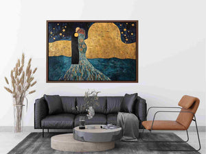Surreal couple Canvas Print with gold moon and stars