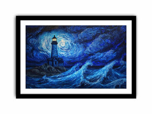 Moonlit lighthouse Canvas Print with blue ocean waves