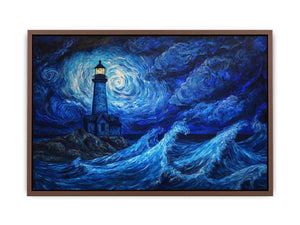 Moonlit lighthouse Canvas Print with blue ocean waves