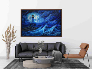 Moonlit lighthouse Canvas Print with blue ocean waves