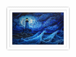 Moonlit lighthouse Canvas Print with blue ocean waves