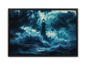Dark storm lighthouse Canvas Print with ocean waves