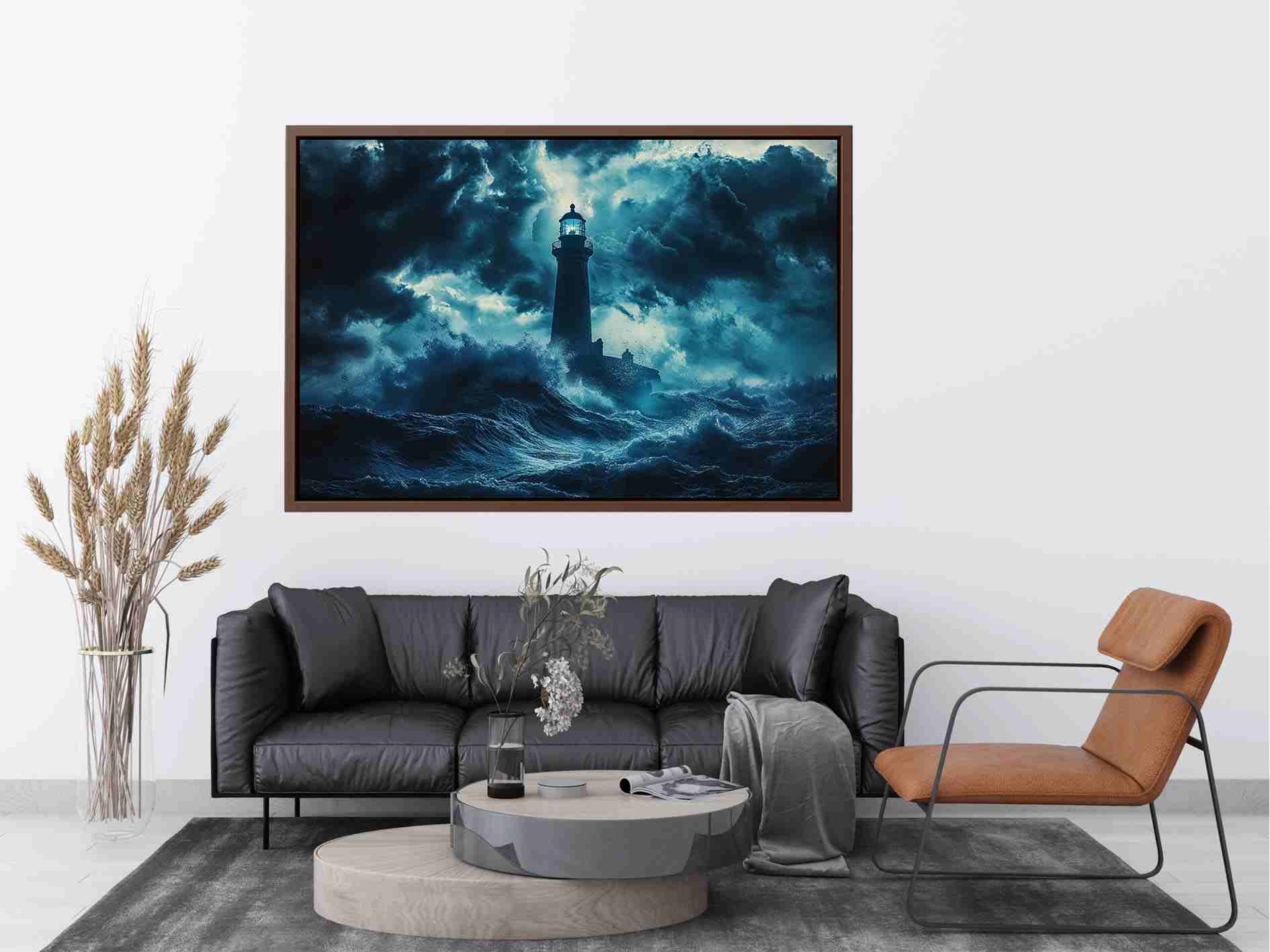 Dark storm lighthouse Canvas Print with ocean waves