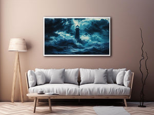 Dark storm lighthouse Canvas Print with ocean waves