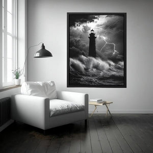 Black and white lighthouse Canvas Print with lightning storm