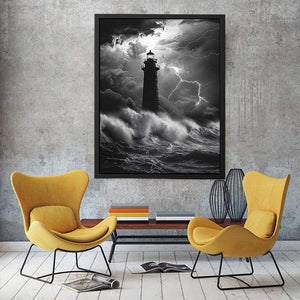 Black and white lighthouse Canvas Print with lightning storm