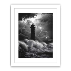 Black and white lighthouse Canvas Print with lightning storm