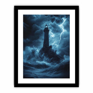 Moody blue lighthouse Canvas Print with lightning and storm waves