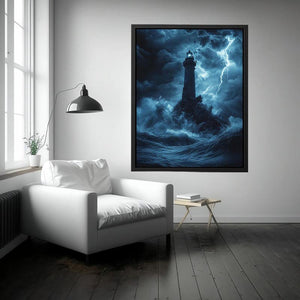 Moody blue lighthouse Canvas Print with lightning and storm waves