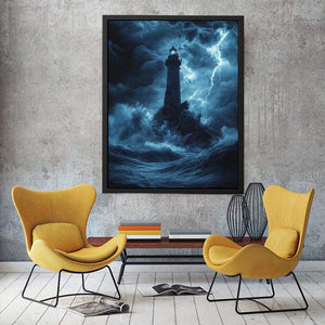Moody blue lighthouse Canvas Print with lightning and storm waves