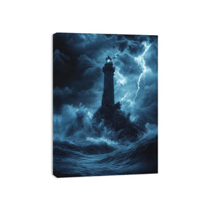 Moody blue lighthouse Canvas Print with lightning and storm waves