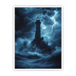 Moody blue lighthouse Canvas Print with lightning and storm waves