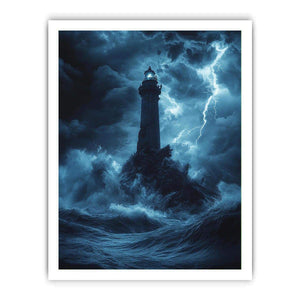 Moody blue lighthouse Canvas Print with lightning and storm waves