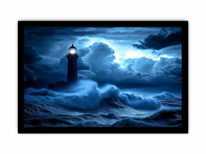 blue lighthouse Canvas Print with night ocean waves