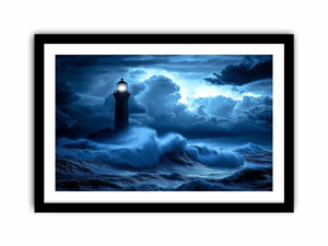 blue lighthouse Canvas Print with night ocean waves