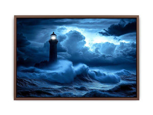 blue lighthouse Canvas Print with night ocean waves