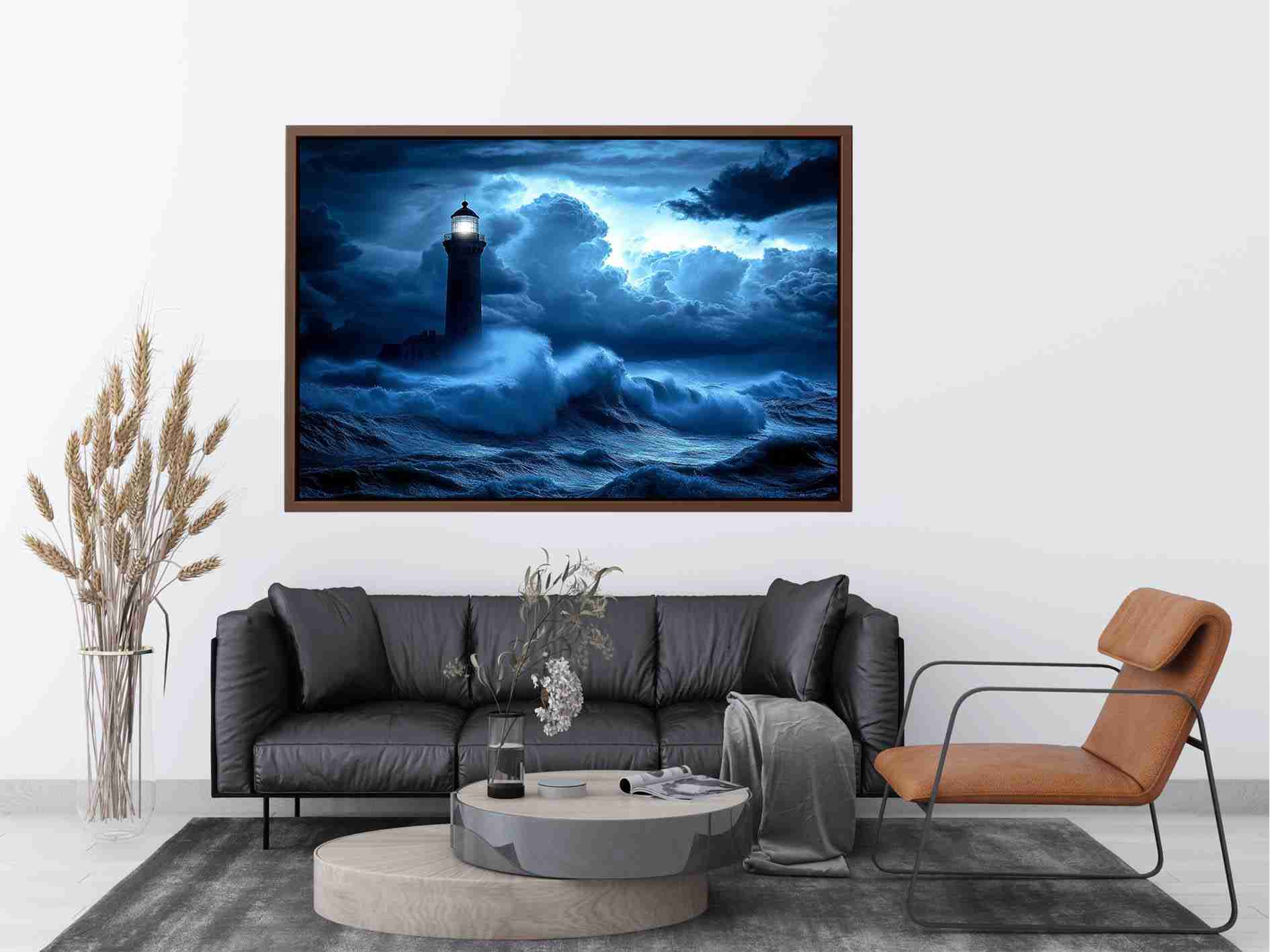 blue lighthouse Canvas Print with night ocean waves