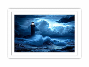 blue lighthouse Canvas Print with night ocean waves