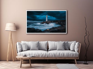 Stormy coastal lighthouse Canvas Print with ocean waves