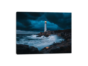 Stormy coastal lighthouse Canvas Print with ocean waves