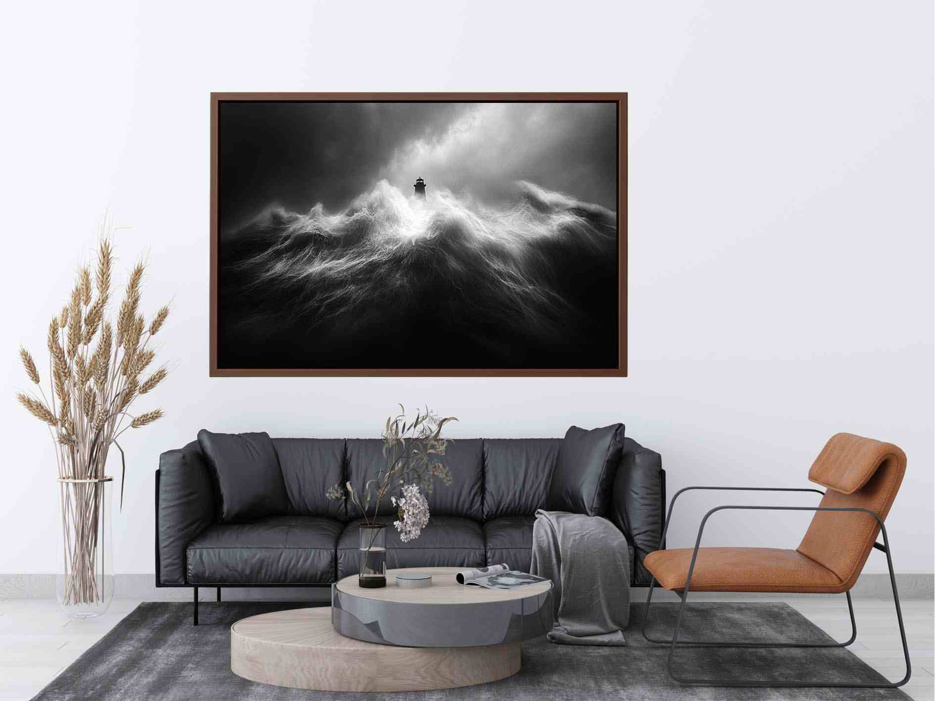 Black and white lighthouse Canvas Print with storm waves