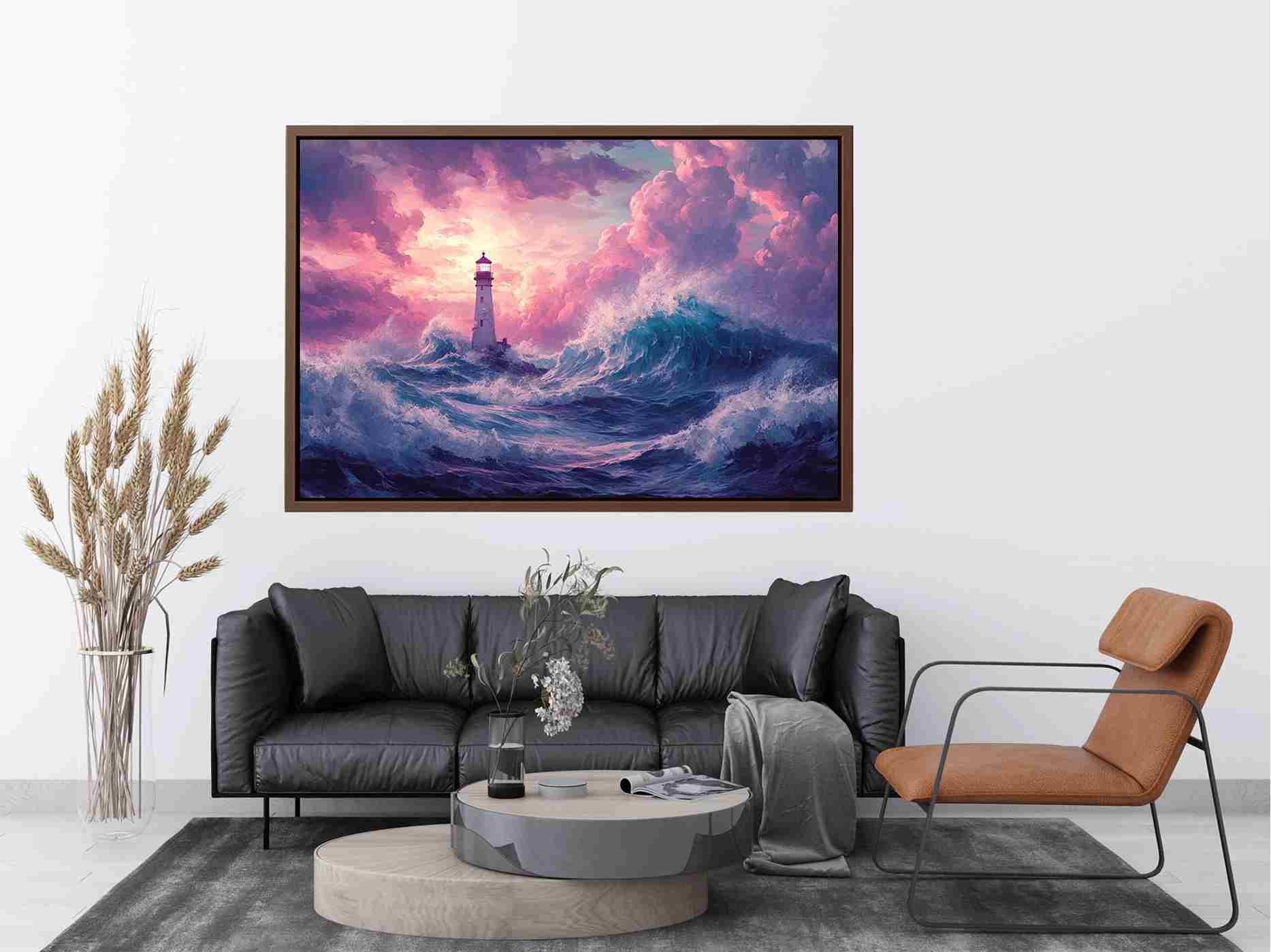 Dreamy lighthouse Canvas Print with purple clouds and waves