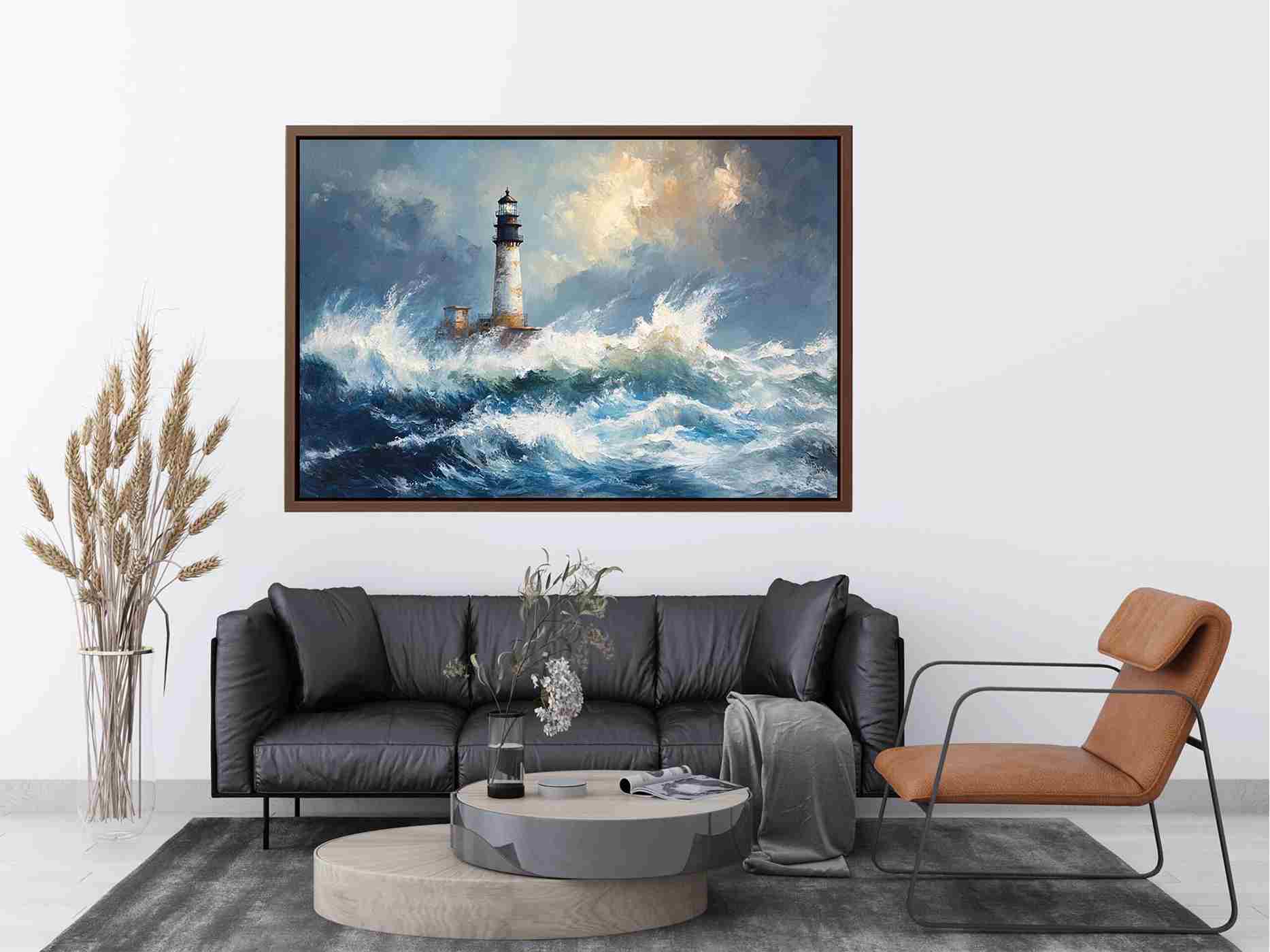 Blue coastal lighthouse Canvas Print with ocean waves