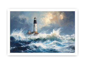 Blue coastal lighthouse Canvas Print with ocean waves