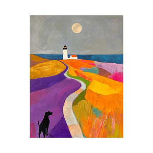 Colorful lighthouse landscape art with dog and moon