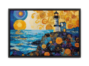 Coastal lighthouse Canvas Print with golden sunset and ocean waves
