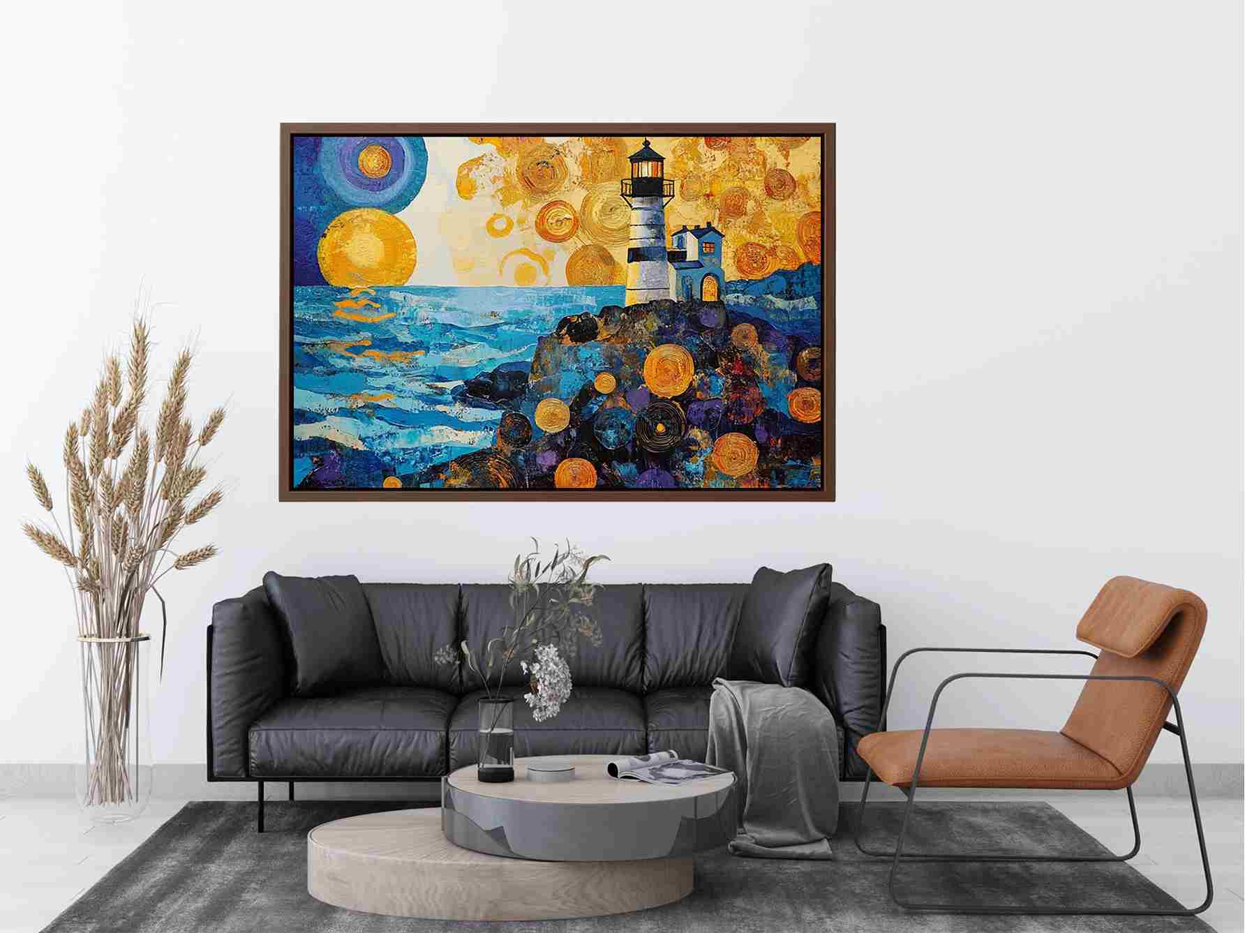 Coastal lighthouse Canvas Print with golden sunset and ocean waves