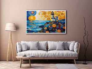 Coastal lighthouse Canvas Print with golden sunset and ocean waves