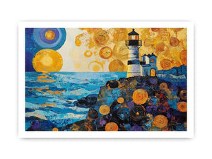 Coastal lighthouse Canvas Print with golden sunset and ocean waves