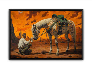 Western horse and cowboy Canvas Print with desert sunset