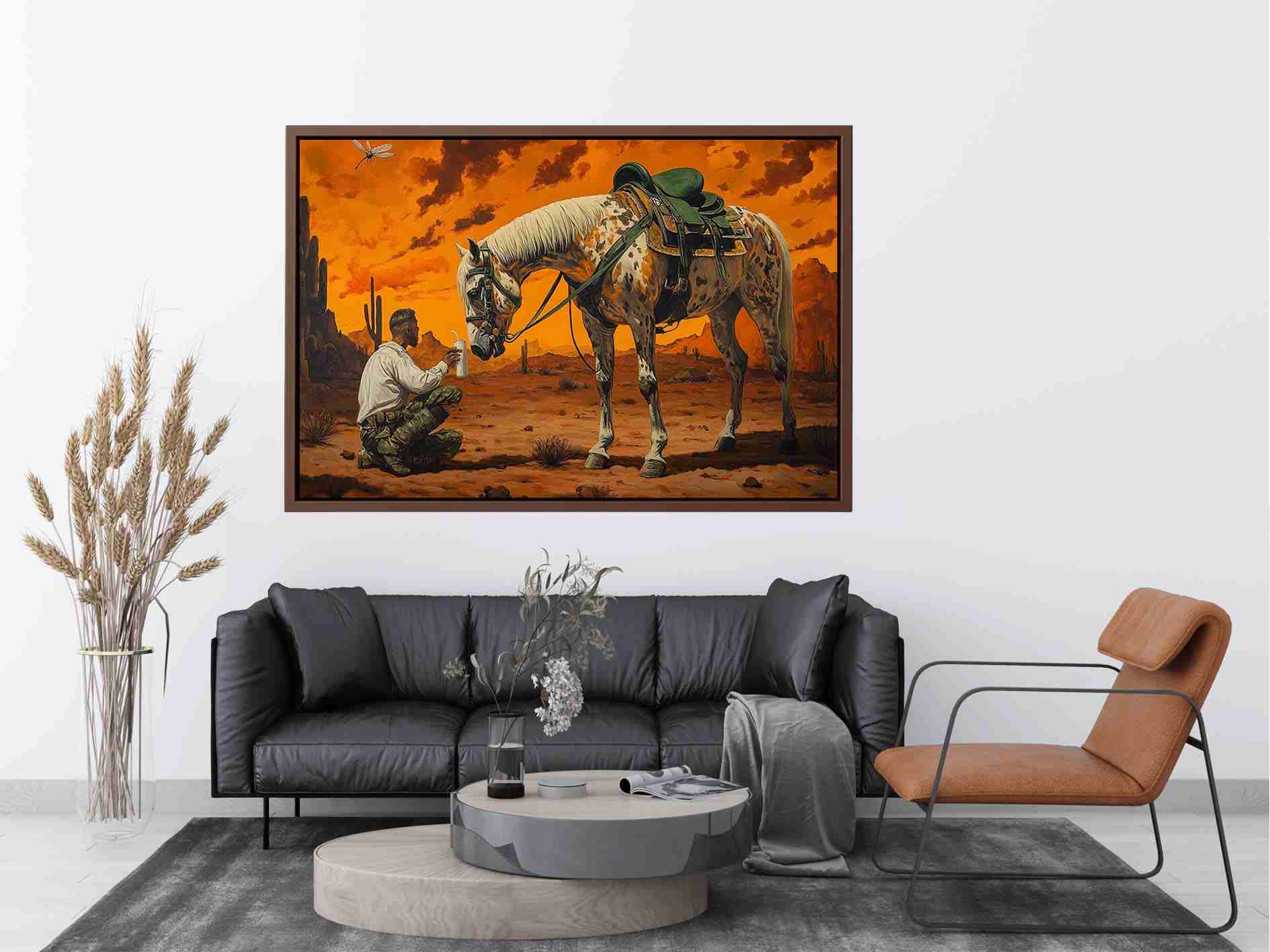 Western horse and cowboy Canvas Print with desert sunset
