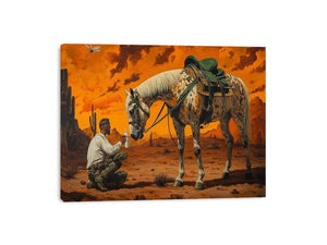 Western horse and cowboy Canvas Print with desert sunset