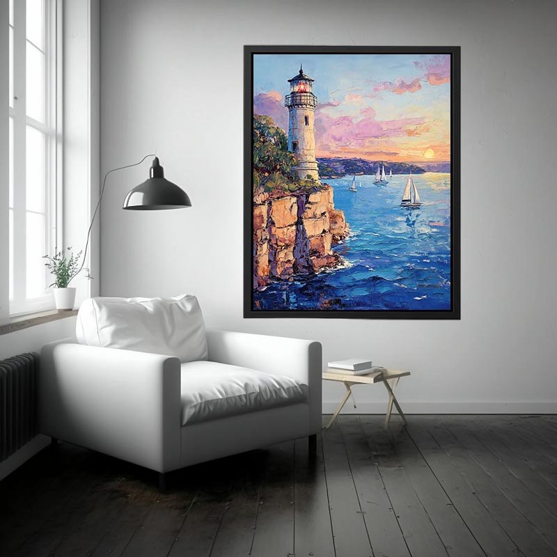 Pastel lighthouse harbor Canvas Print with sailboats