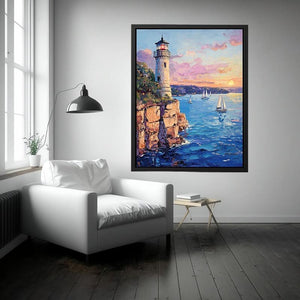 Pastel lighthouse harbor Canvas Print with sailboats