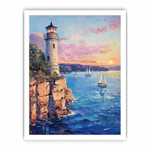 Pastel lighthouse harbor Canvas Print with sailboats