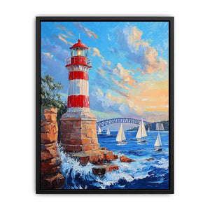 Red lighthouse harbor Canvas Print with sailboats
