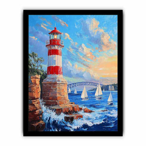 Red lighthouse harbor Canvas Print with sailboats