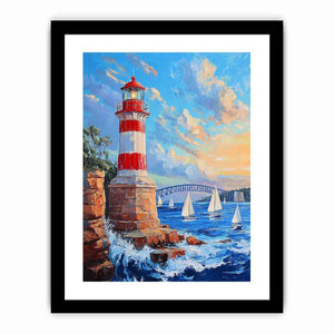 Red lighthouse harbor Canvas Print with sailboats