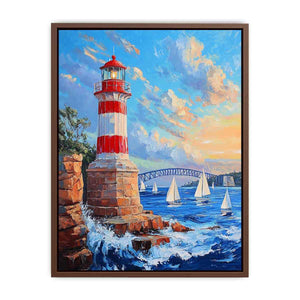 Red lighthouse harbor Canvas Print with sailboats