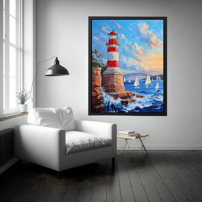 Red lighthouse harbor Canvas Print with sailboats
